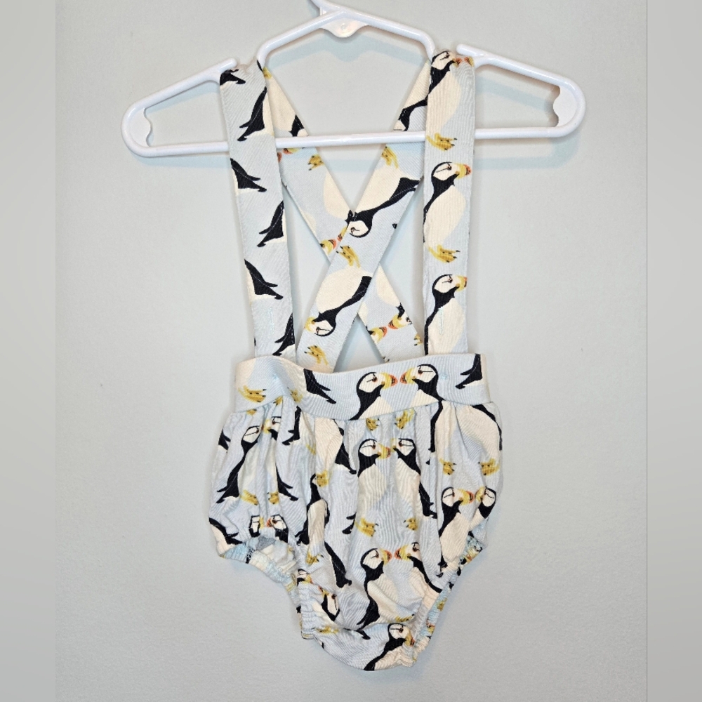 Kate Quinn Puffin Overalls Bubble Romper 12-18m
